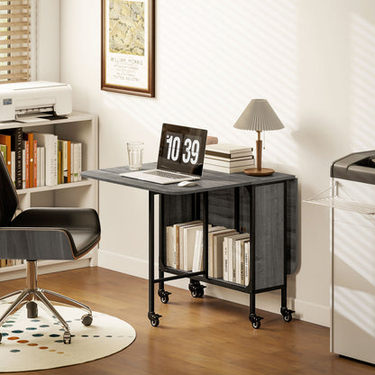 Folding Dining Table, Rectangular Extendable Kitchen Table on Wheels for up to 6 People, 6 Wheels and Integrated Shelf, for Small Spaces, Dining Room, Gray