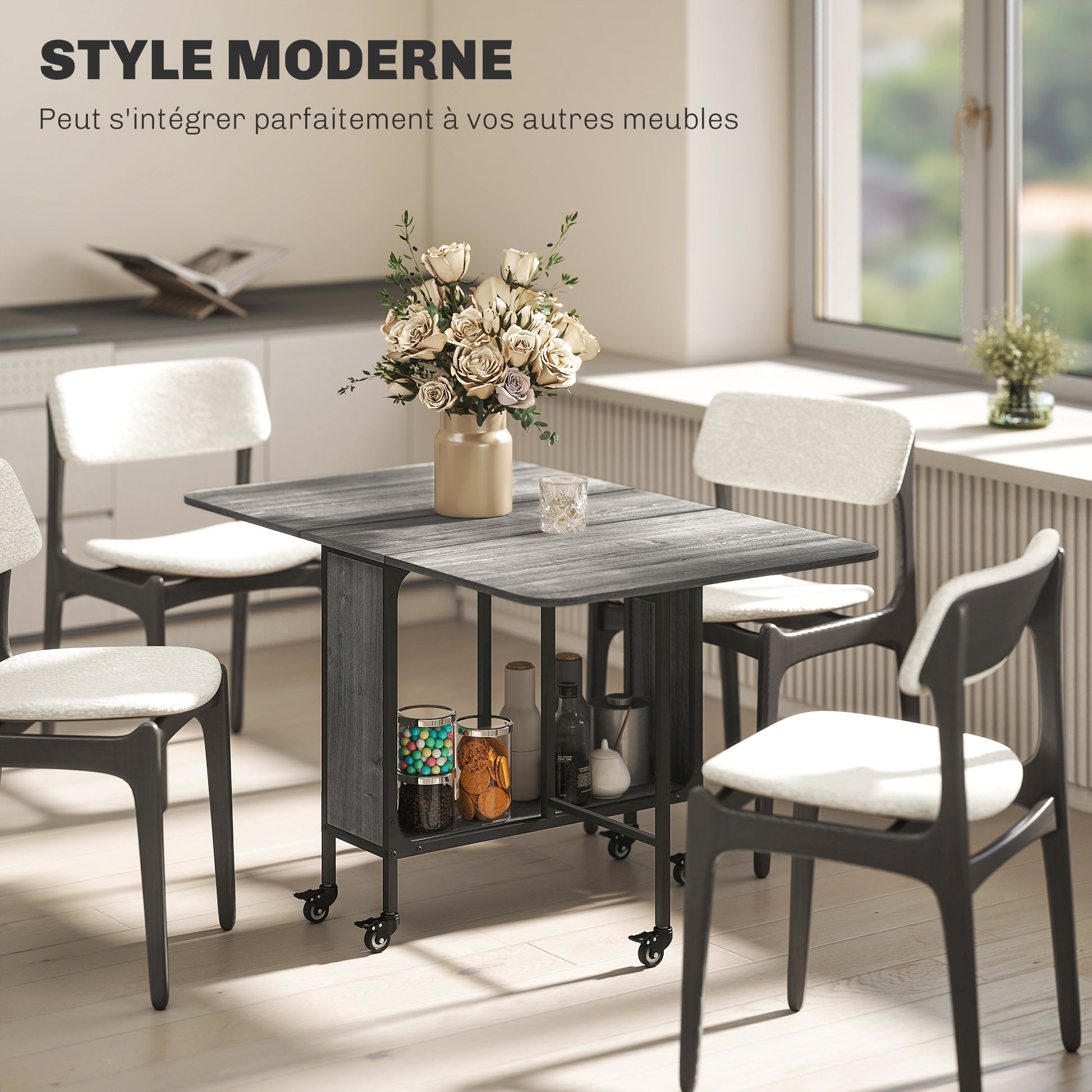 Folding Dining Table, Rectangular Extendable Kitchen Table on Wheels for up to 6 People, 6 Wheels and Integrated Shelf, for Small Spaces, Dining Room, Gray