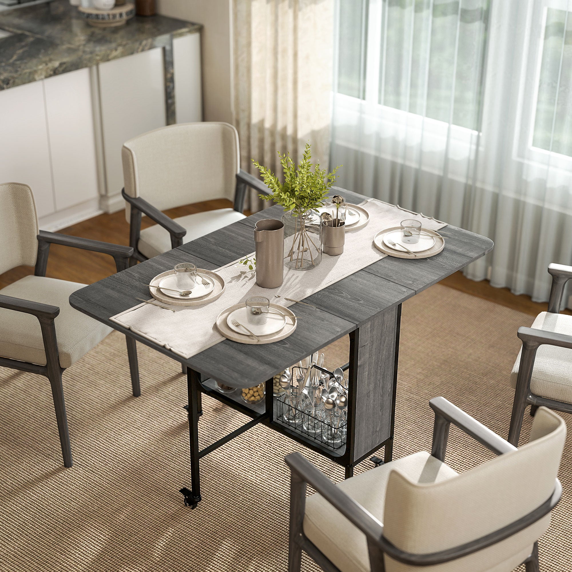 Folding Dining Table, Rectangular Extendable Kitchen Table on Wheels for up to 6 People, 6 Wheels and Integrated Shelf, for Small Spaces, Dining Room, Gray