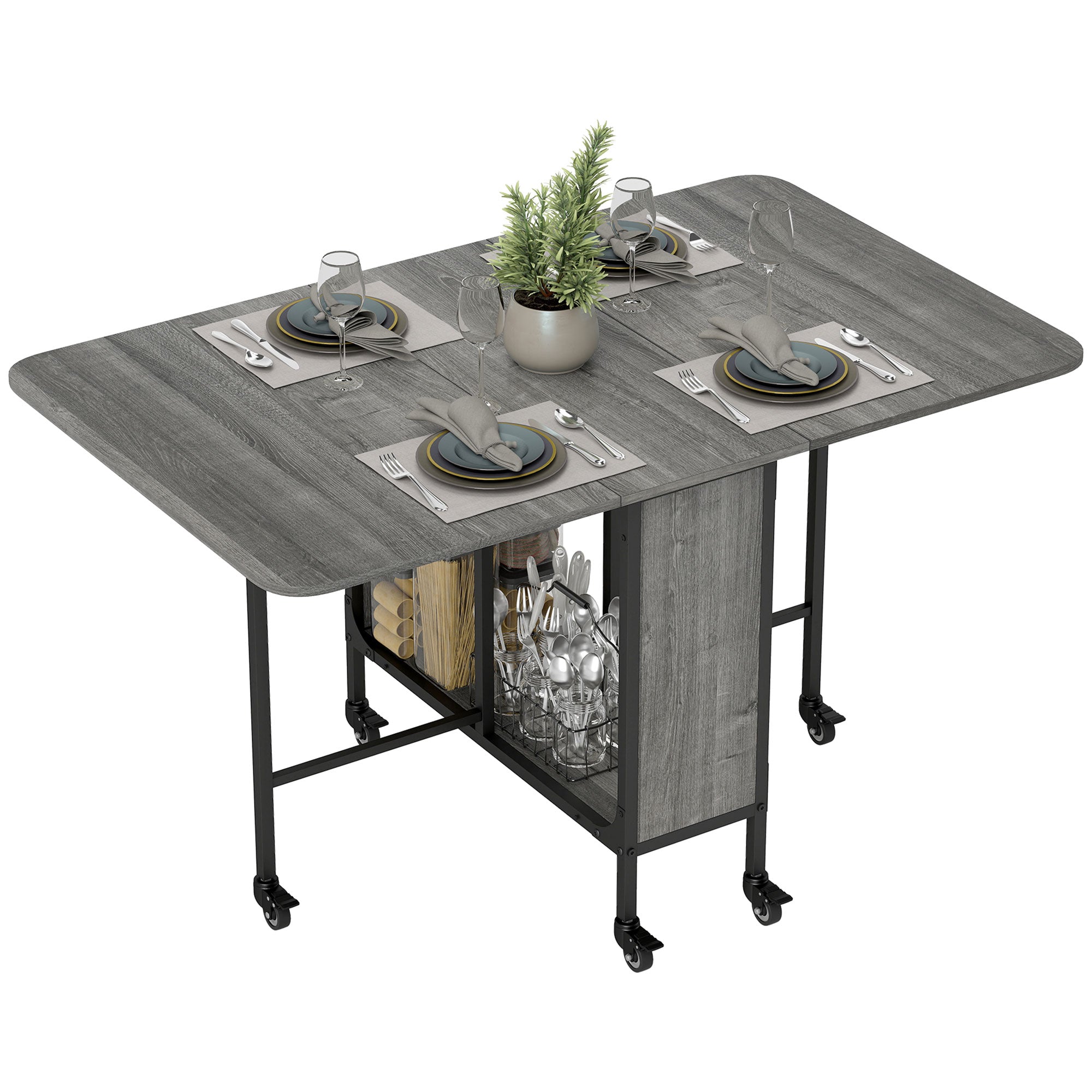 Folding Dining Table, Rectangular Extendable Kitchen Table on Wheels for up to 6 People, 6 Wheels and Integrated Shelf, for Small Spaces, Dining Room, Gray