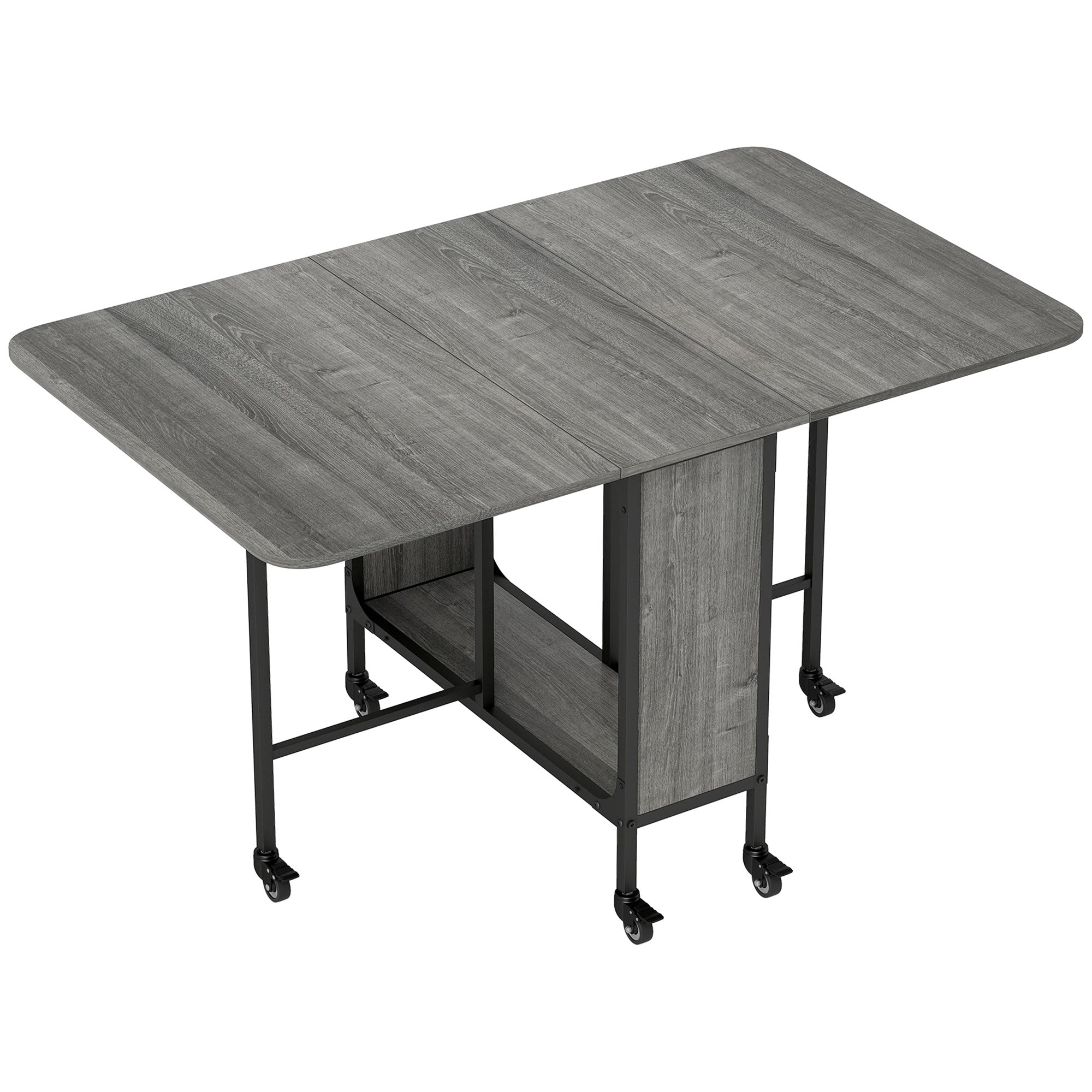 Folding Dining Table, Rectangular Extendable Kitchen Table on Wheels for up to 6 People, 6 Wheels and Integrated Shelf, for Small Spaces, Dining Room, Gray
