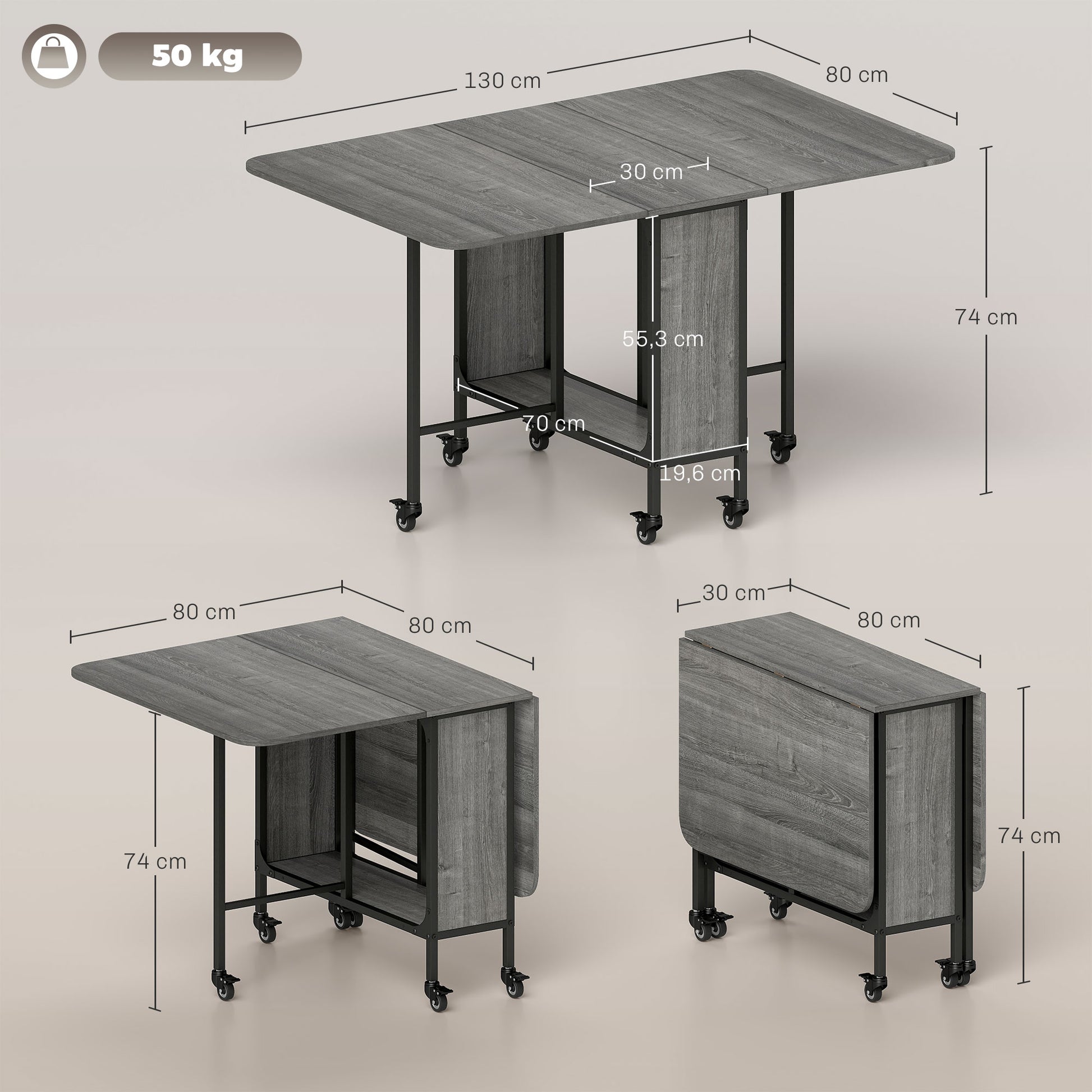 Folding Dining Table, Rectangular Extendable Kitchen Table on Wheels for up to 6 People, 6 Wheels and Integrated Shelf, for Small Spaces, Dining Room, Gray