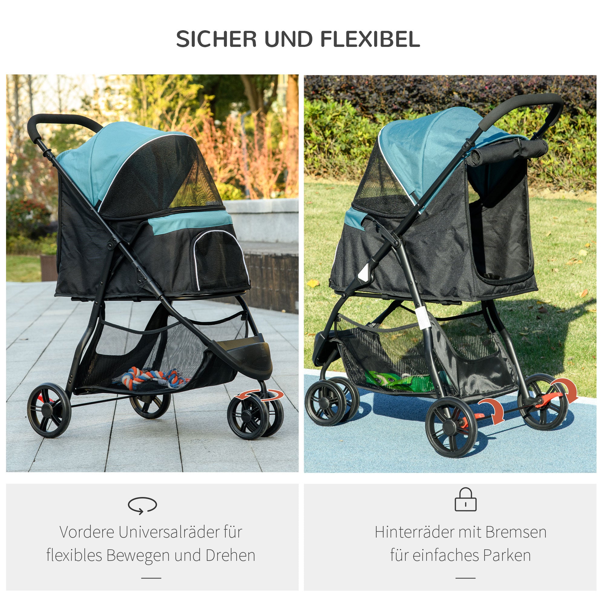 2 in 1 Dog Stroller Dog Buggy with Rain Cover Foldable for Dogs & Cats up to 10 kg Cat Stroller with Cushion Mesh Windows Doors Storage Basket Cat Carriage Buggy Dark Green