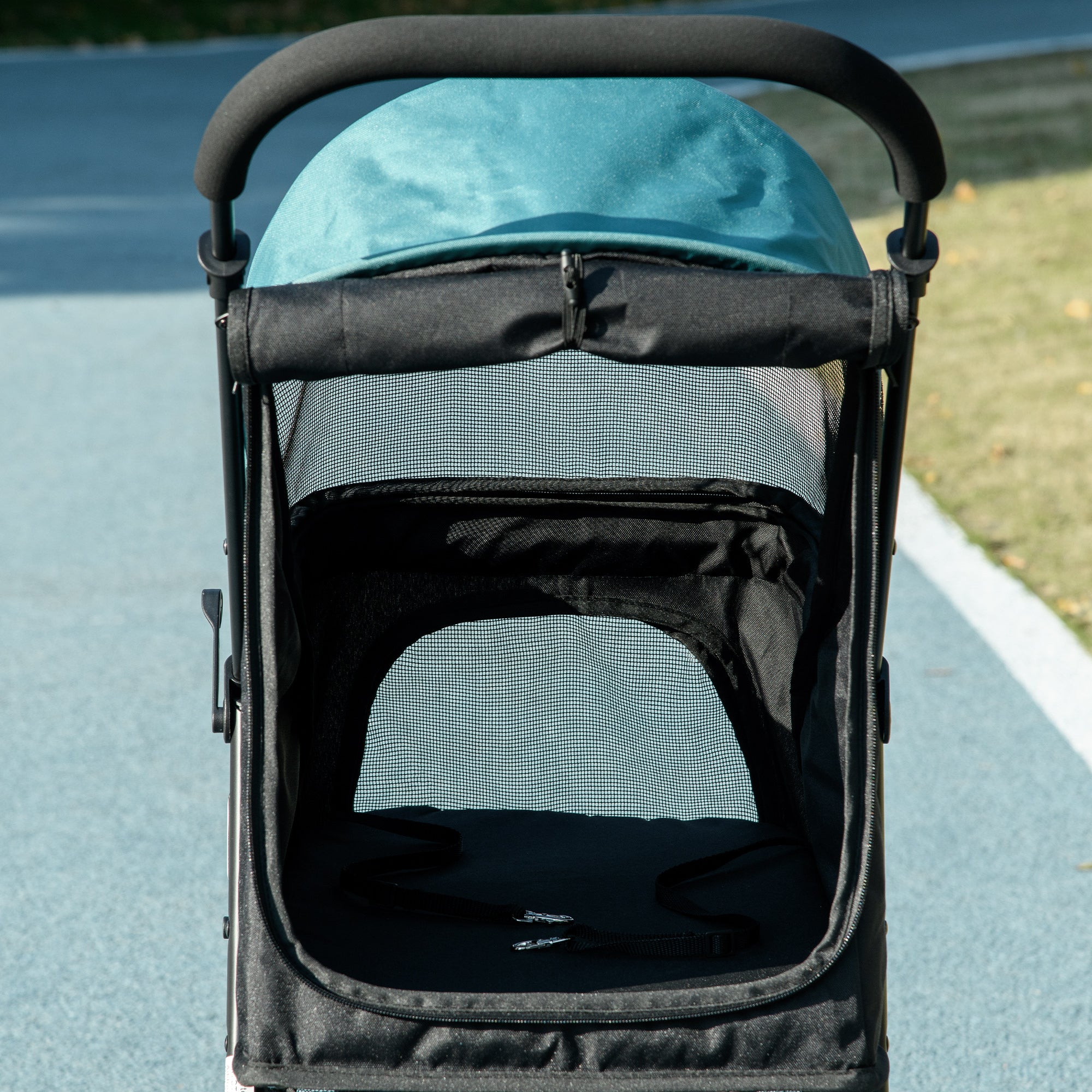 2 in 1 Dog Stroller Dog Buggy with Rain Cover Foldable for Dogs & Cats up to 10 kg Cat Stroller with Cushion Mesh Windows Doors Storage Basket Cat Carriage Buggy Dark Green