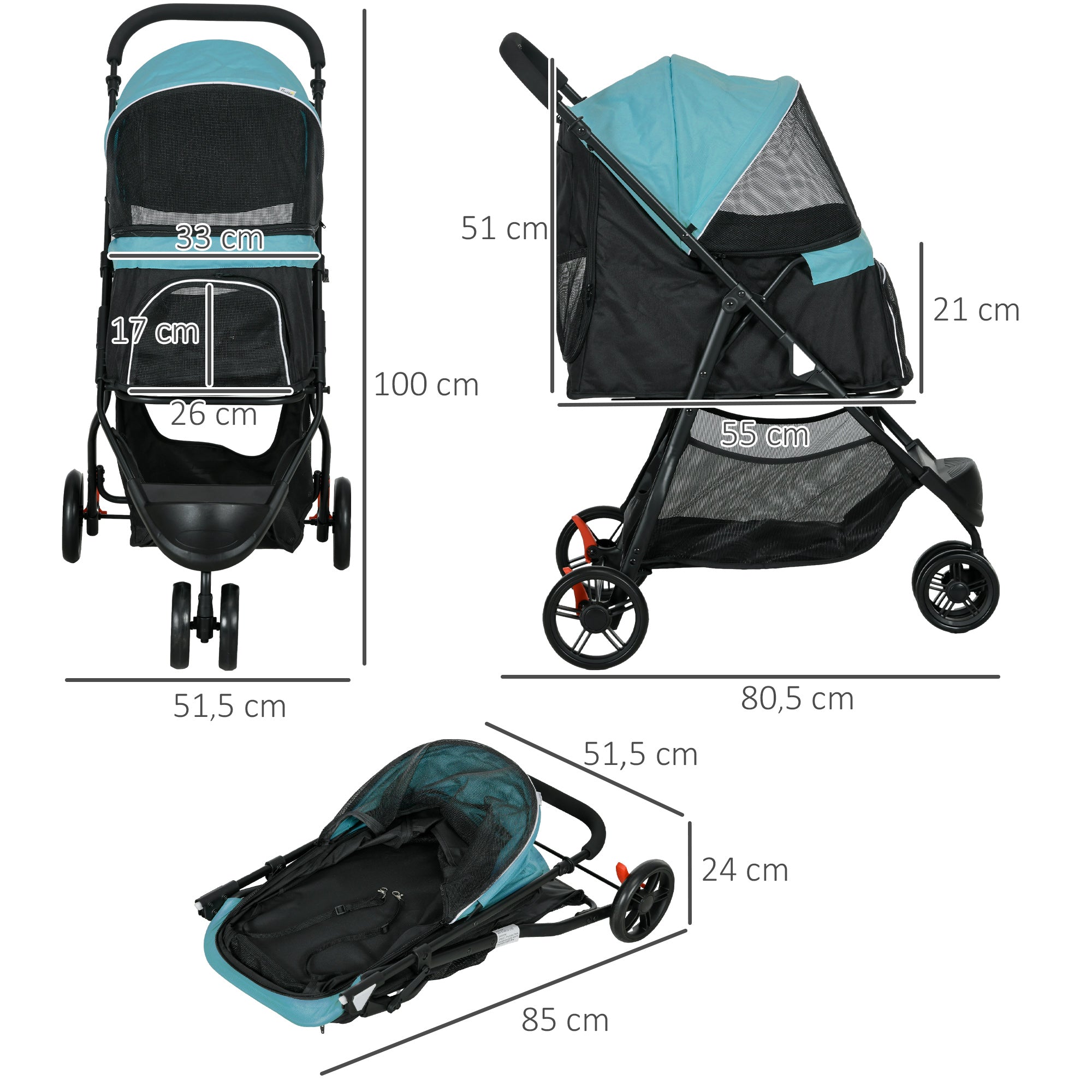 2 in 1 Dog Stroller Dog Buggy with Rain Cover Foldable for Dogs & Cats up to 10 kg Cat Stroller with Cushion Mesh Windows Doors Storage Basket Cat Carriage Buggy Dark Green