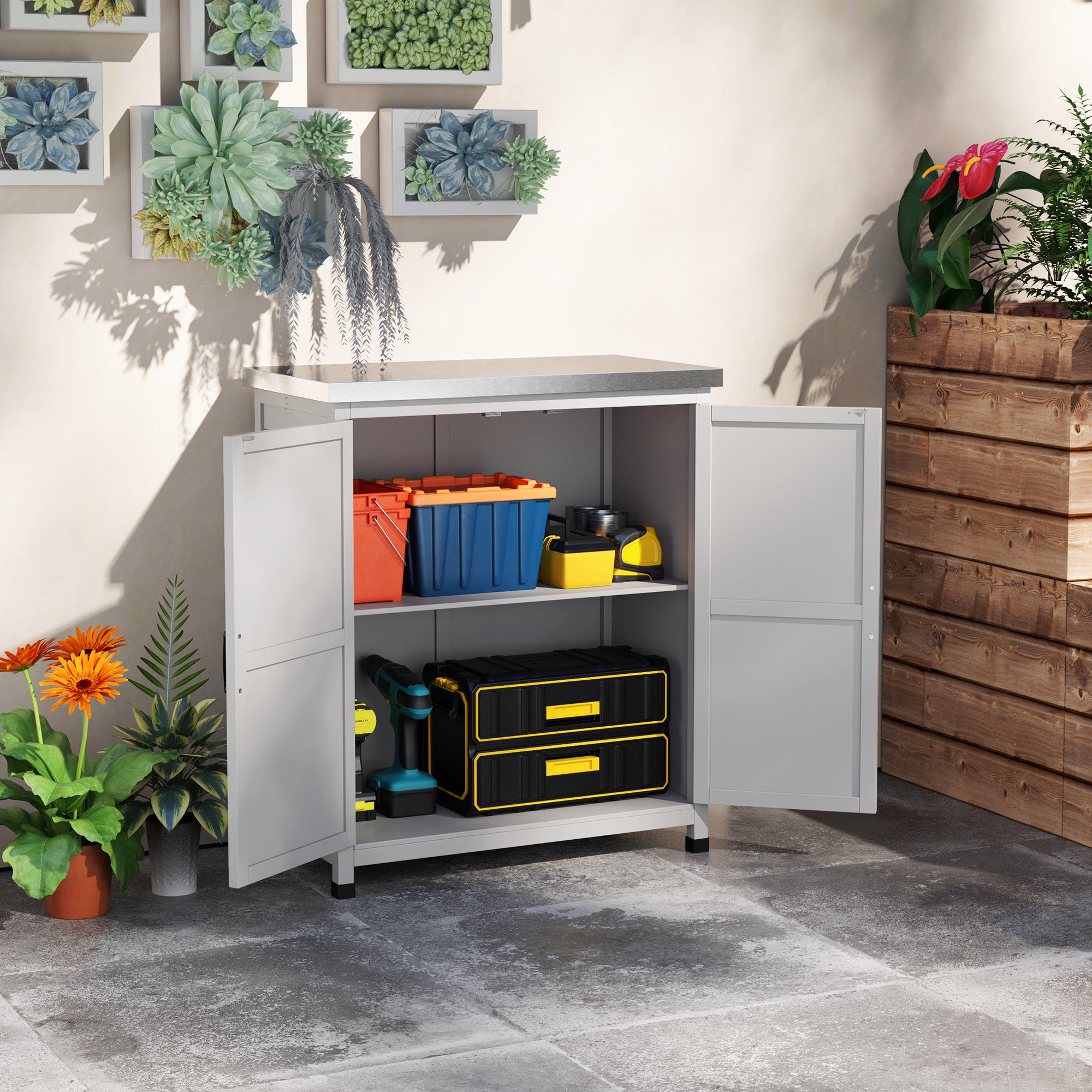 Garden Cabinet Wood Outdoor Weatherproof Equipment Shed with Worktop, Double Door, Shelf, Storage Cabinet Multipurpose Cabinet for Garden, Terrace 79 x 43 x 92 cm Gray