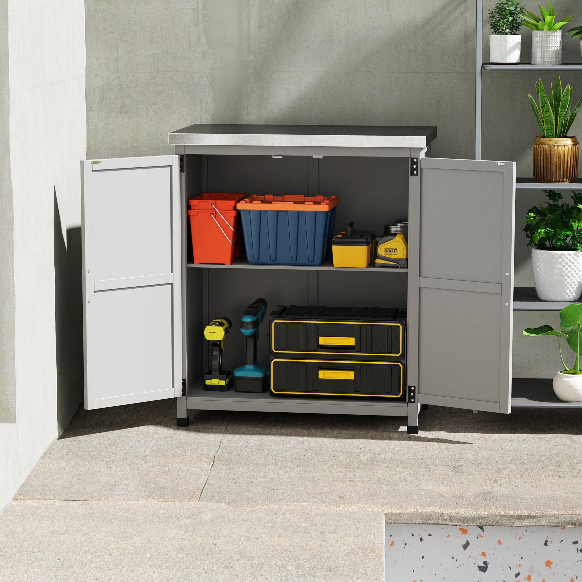 Garden Cabinet Wood Outdoor Weatherproof Equipment Shed with Worktop, Double Door, Shelf, Storage Cabinet Multipurpose Cabinet for Garden, Terrace 79 x 43 x 92 cm Gray