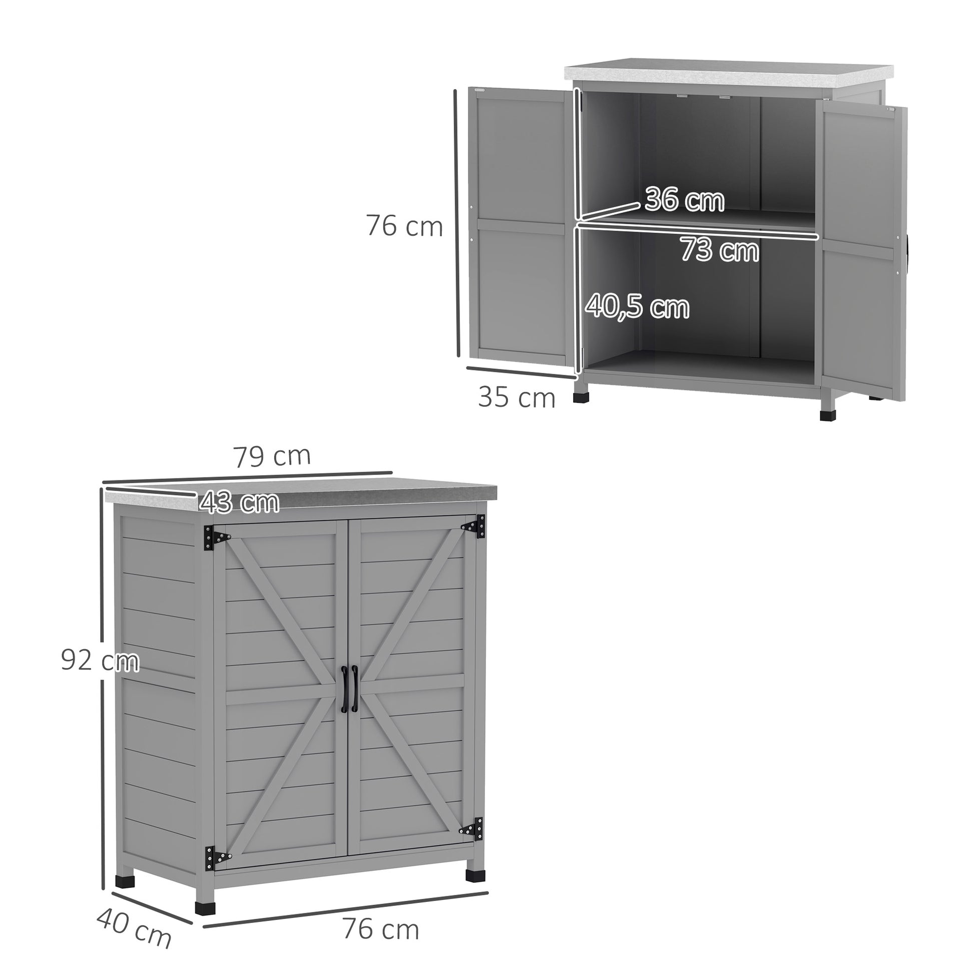Garden Cabinet Wood Outdoor Weatherproof Equipment Shed with Worktop, Double Door, Shelf, Storage Cabinet Multipurpose Cabinet for Garden, Terrace 79 x 43 x 92 cm Gray