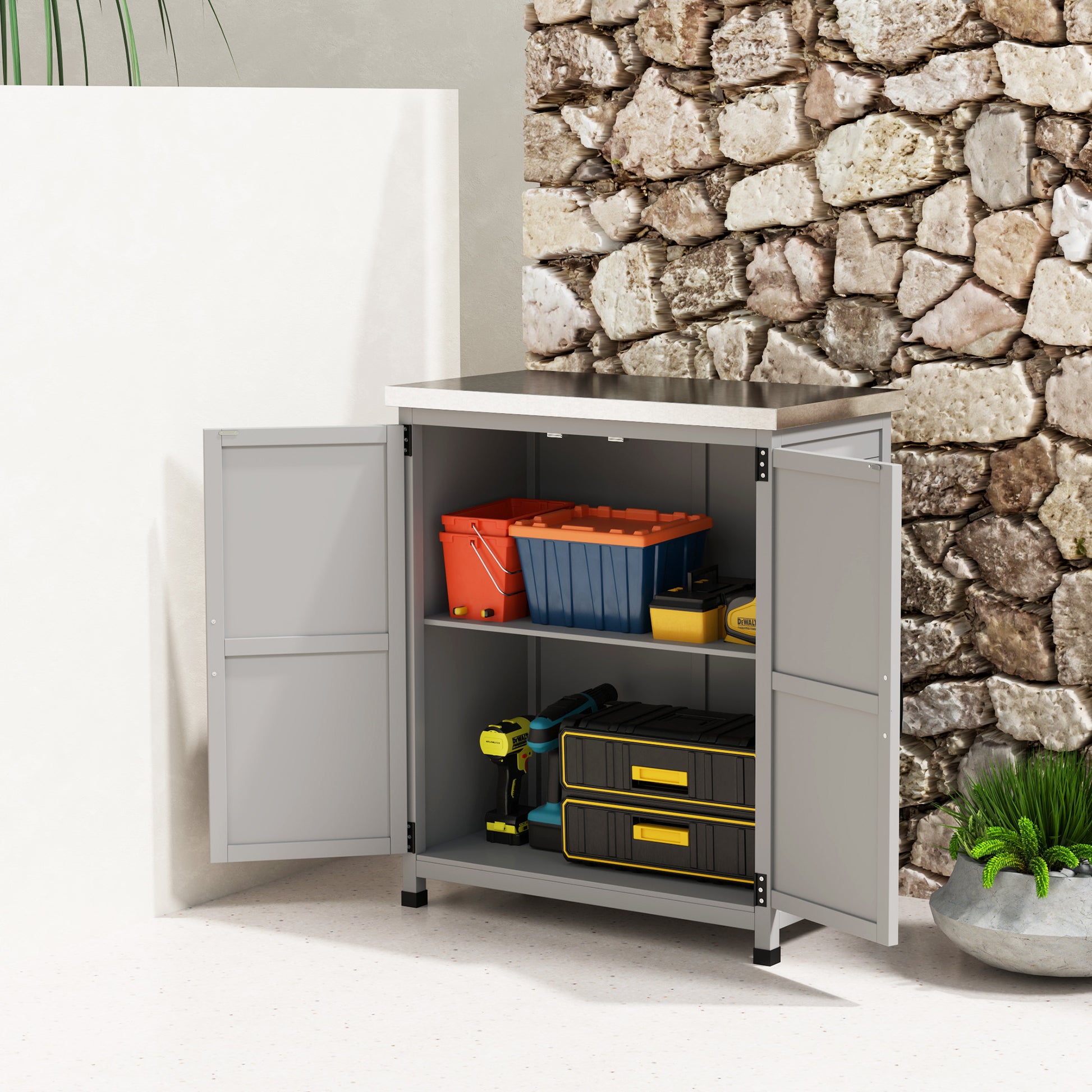 Garden Cabinet Wood Outdoor Weatherproof Equipment Shed with Worktop, Double Door, Shelf, Storage Cabinet Multipurpose Cabinet for Garden, Terrace 79 x 43 x 92 cm Gray