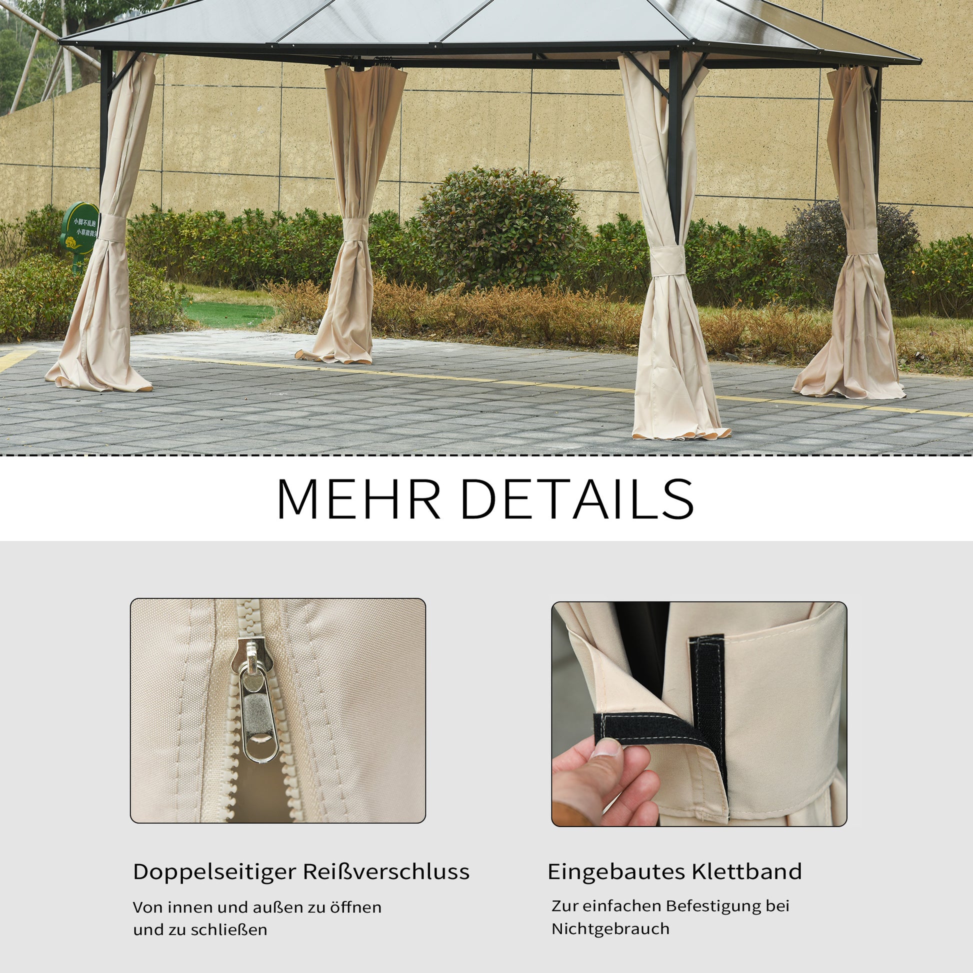 Side Wall 4-piece Set for 3x3m Pavilion Side Panels with Hooks 302 x 205 cm Waterproof Stable Winterproof Side Panel Walls for Party Tent Garden Gazebo Beige