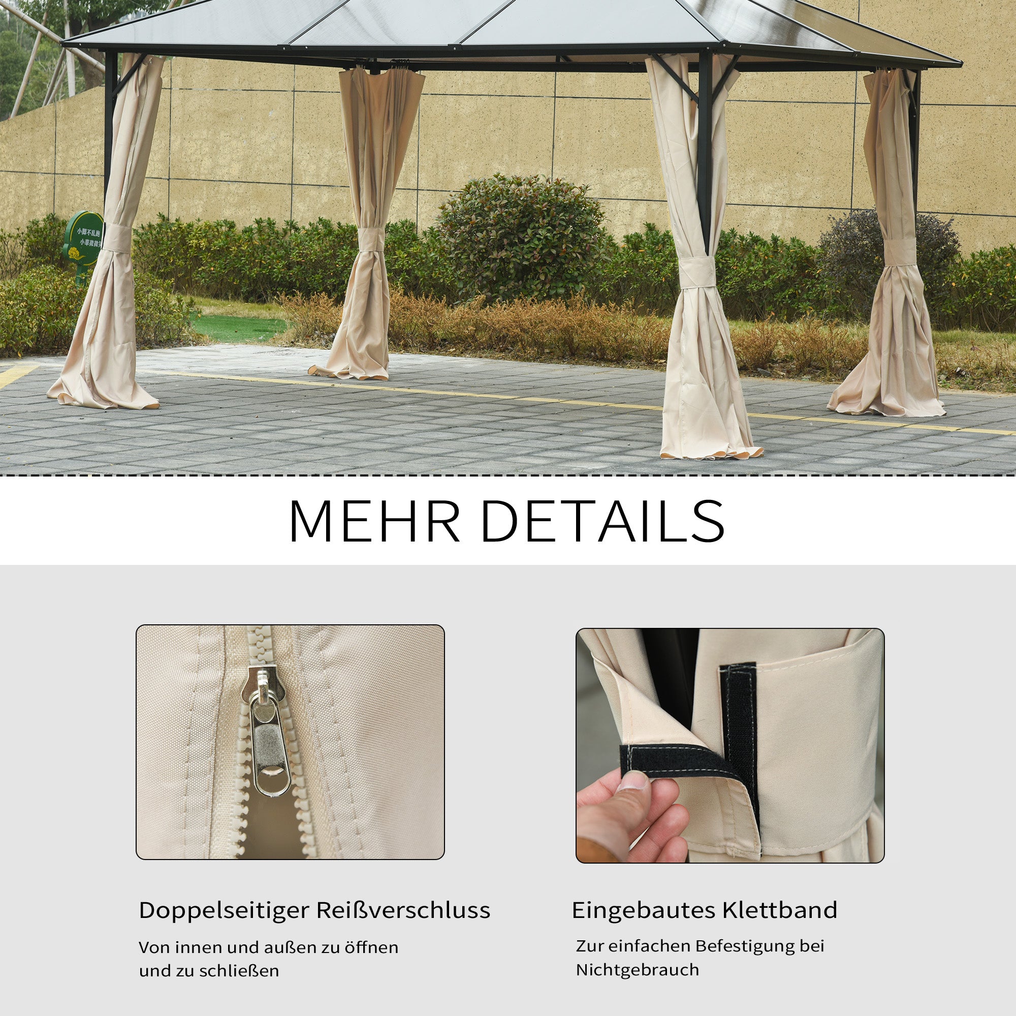 Side Wall 4-piece Set for 3x3m Pavilion Side Panels with Hooks 302 x 205 cm Waterproof Stable Winterproof Side Panel Walls for Party Tent Garden Gazebo Beige