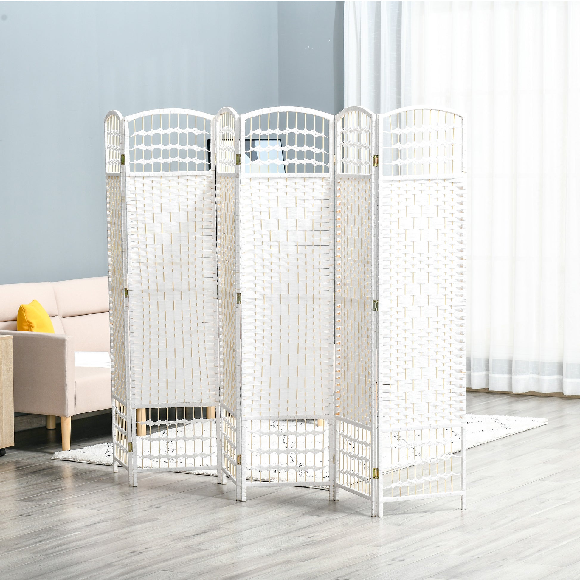 6 Panel Room Divider Folding Screen 95.28x66.93 inches Paper Fiber and Poplar Wood Frame Elegant Decoration for Bedroom Living Room White