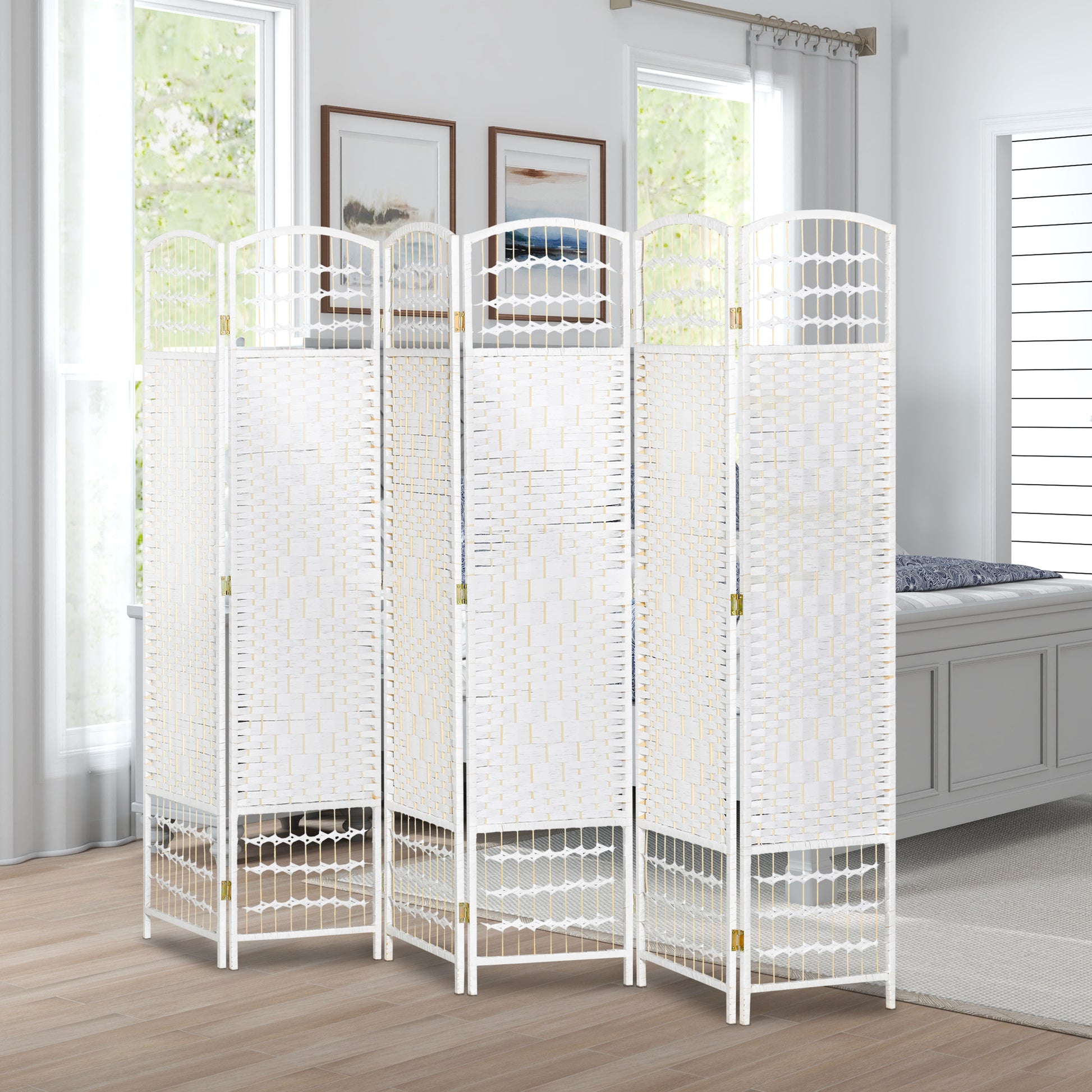 6 Panel Room Divider Folding Screen 95.28x66.93 inches Paper Fiber and Poplar Wood Frame Elegant Decoration for Bedroom Living Room White