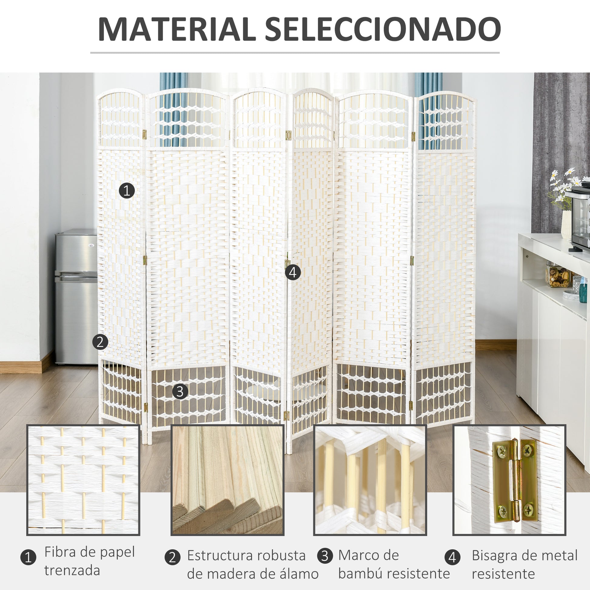 6 Panel Room Divider Folding Screen 95.28x66.93 inches Paper Fiber and Poplar Wood Frame Elegant Decoration for Bedroom Living Room White
