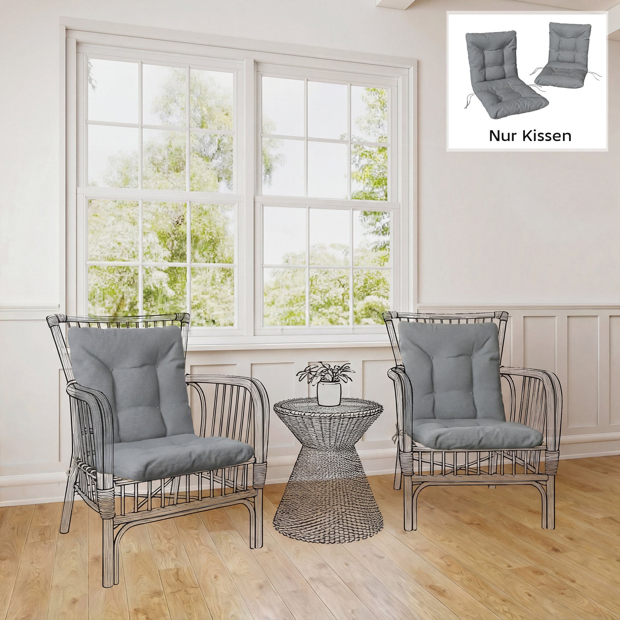 2-Pack Seat Cushions 120 x 50 x 8 cm (47.2 x 19.7 x 3.1 in) — Chair Cushions with Ties, Indoor/Outdoor, Light Gray