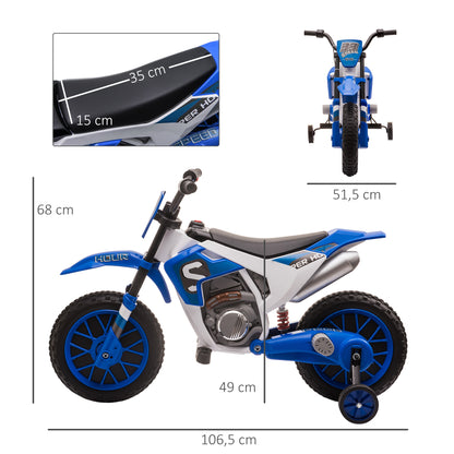 Kids Electric Motorbike Children's Motorcycle 12V Kids Vehicle Electric Vehicle with 2 Removable Training Wheels for Kids 3+ Years PP Metal Blue+White 106.5 x 51.5 x 68 cm