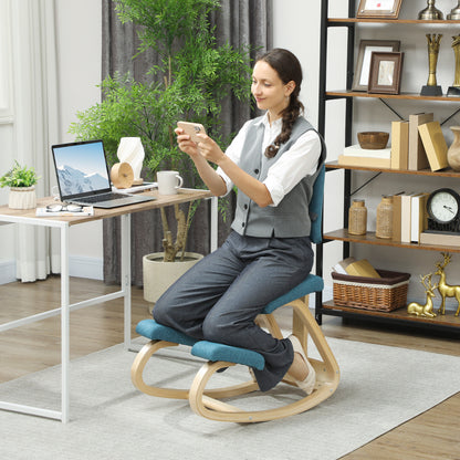 Ergonomic Kneeling Chair with Backrest — Birch Wood Office & Meditation Stool (Dark Blue)