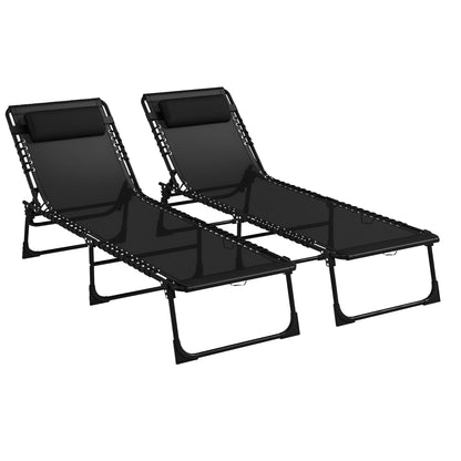Set of 2 Sun Loungers Adjustable Chair Multi-Positions Static Steel Elastic Cords Black Black Textilene