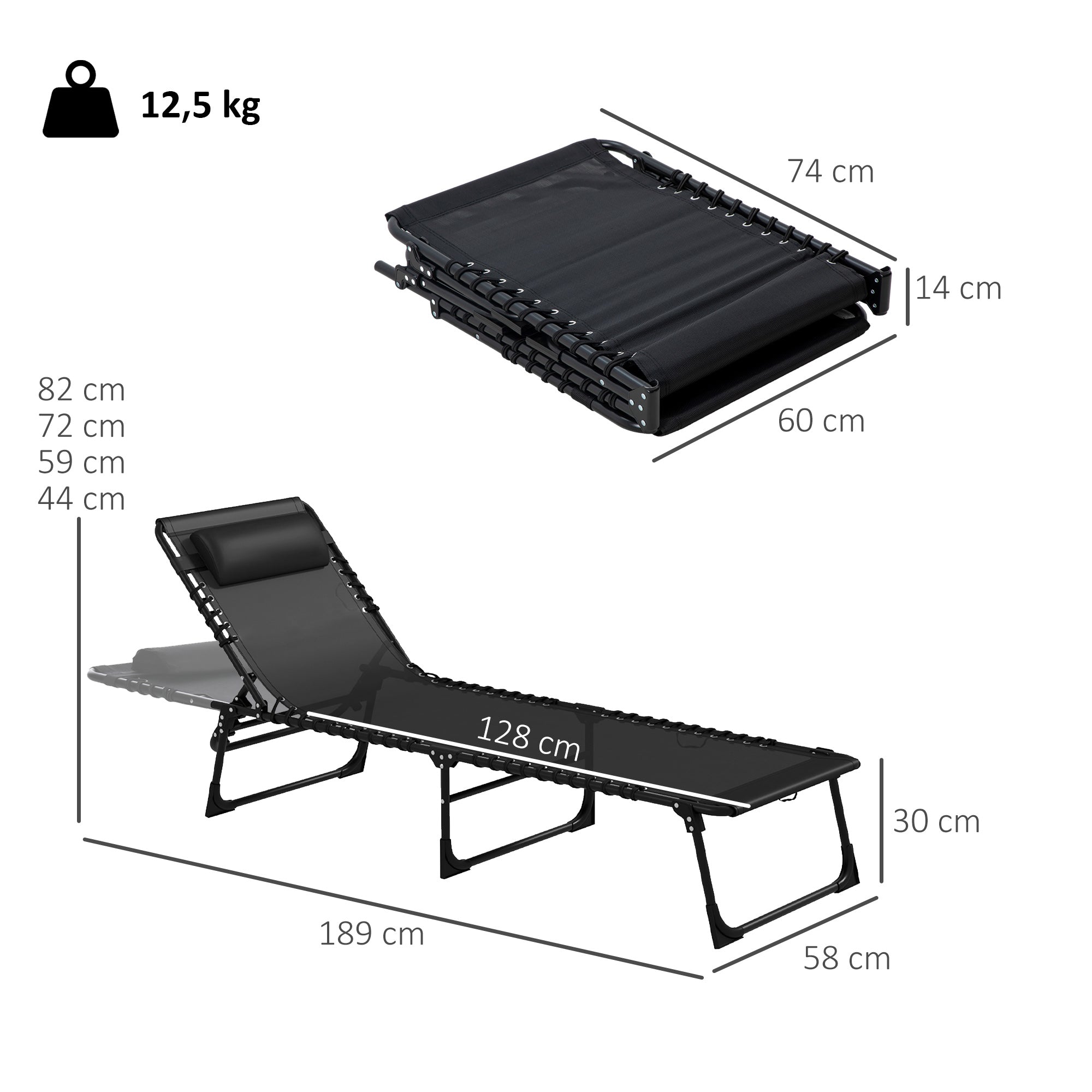 Set of 2 Sun Loungers Adjustable Chair Multi-Positions Static Steel Elastic Cords Black Black Textilene