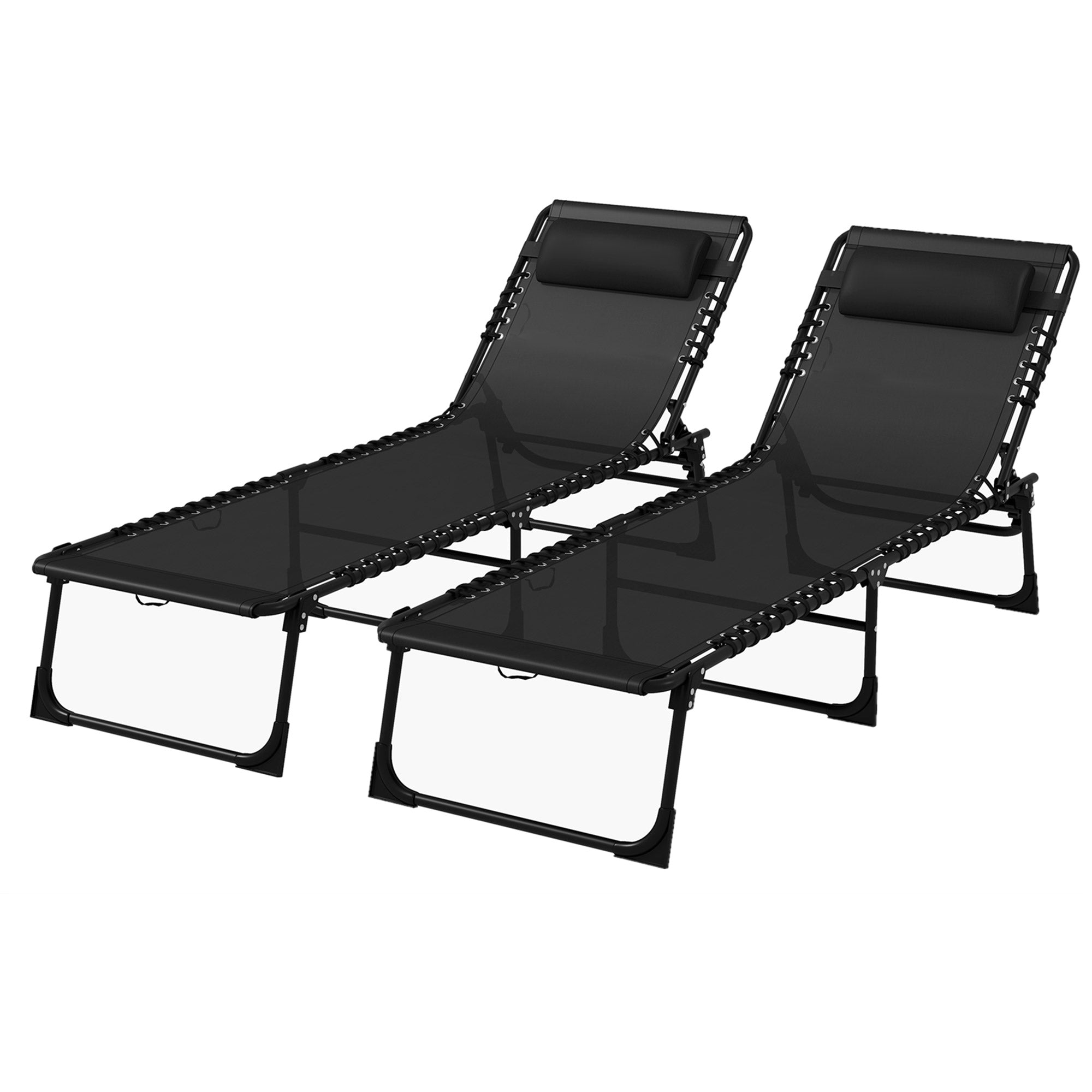 Set of 2 Sun Loungers Adjustable Chair Multi-Positions Static Steel Elastic Cords Black Black Textilene