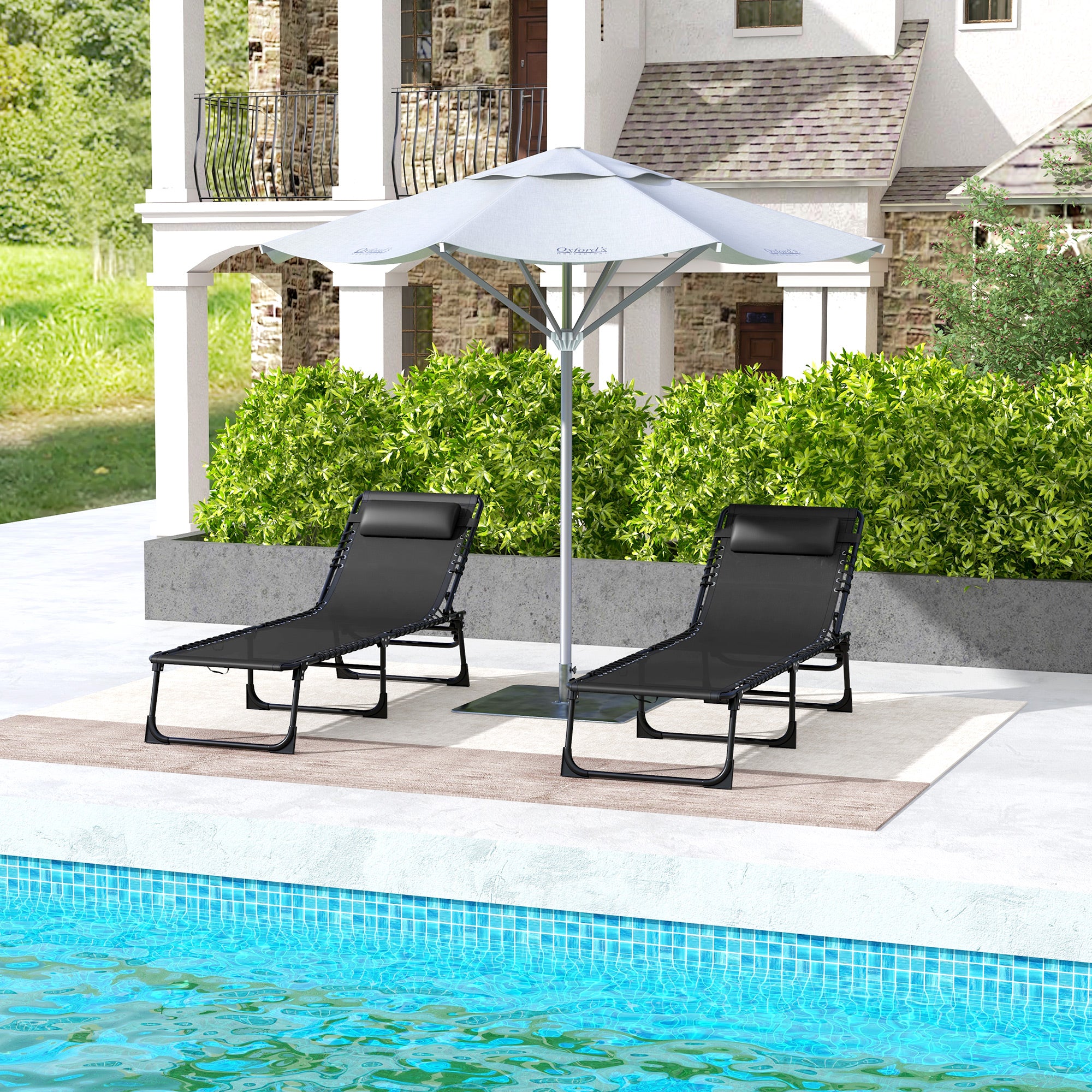 Set of 2 Sun Loungers Adjustable Chair Multi-Positions Static Steel Elastic Cords Black Black Textilene