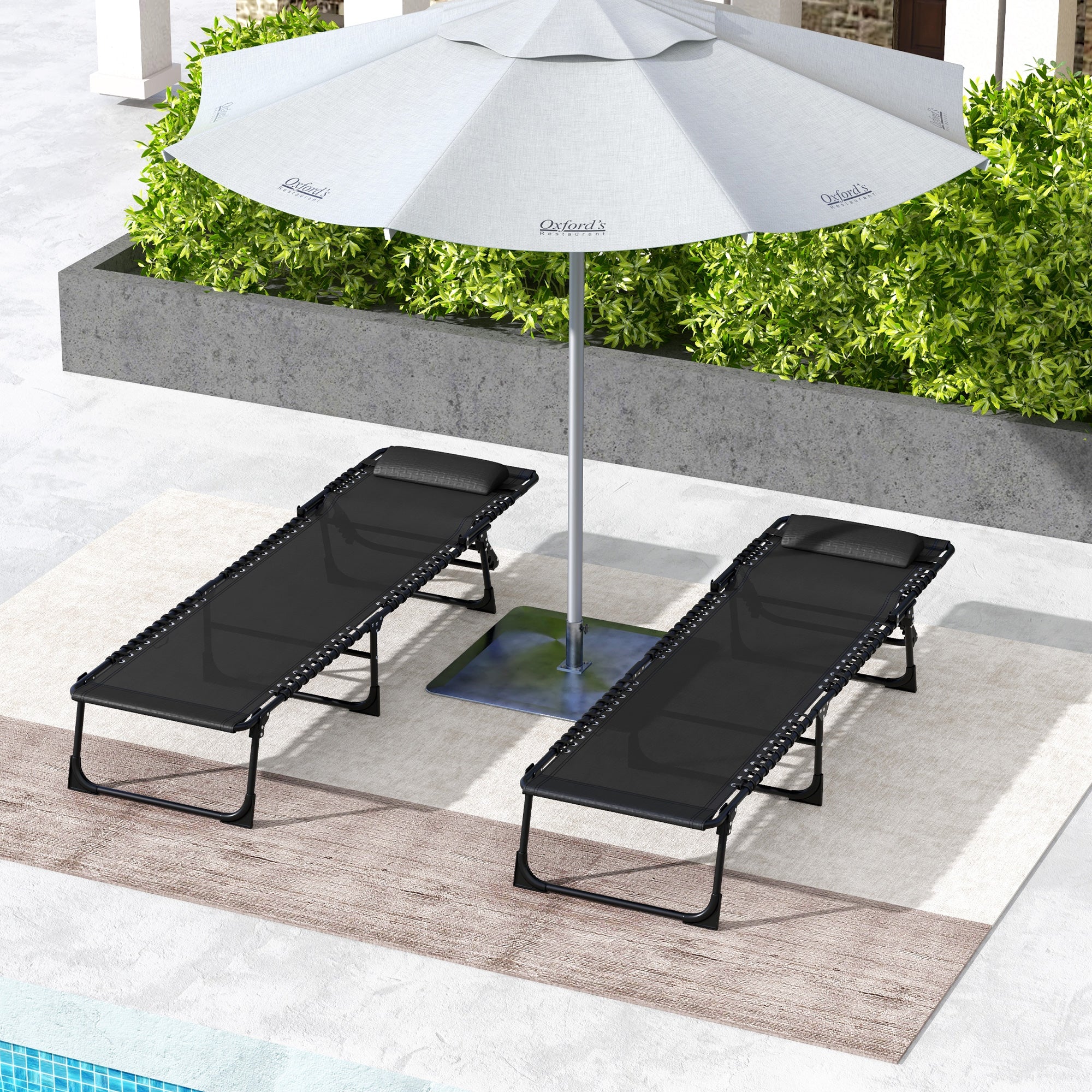 Set of 2 Sun Loungers Adjustable Chair Multi-Positions Static Steel Elastic Cords Black Black Textilene