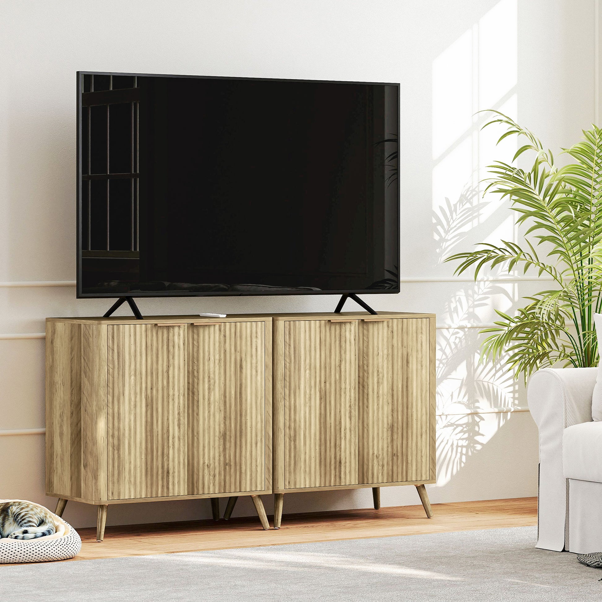 Modern Style Ribbed Buffet Cabinet Storage Sideboard with 2-Door Cabinet and Adjustable Shelf - Dining Room and Living Room Buffet, 77 x 40 x 81 cm, Oak
