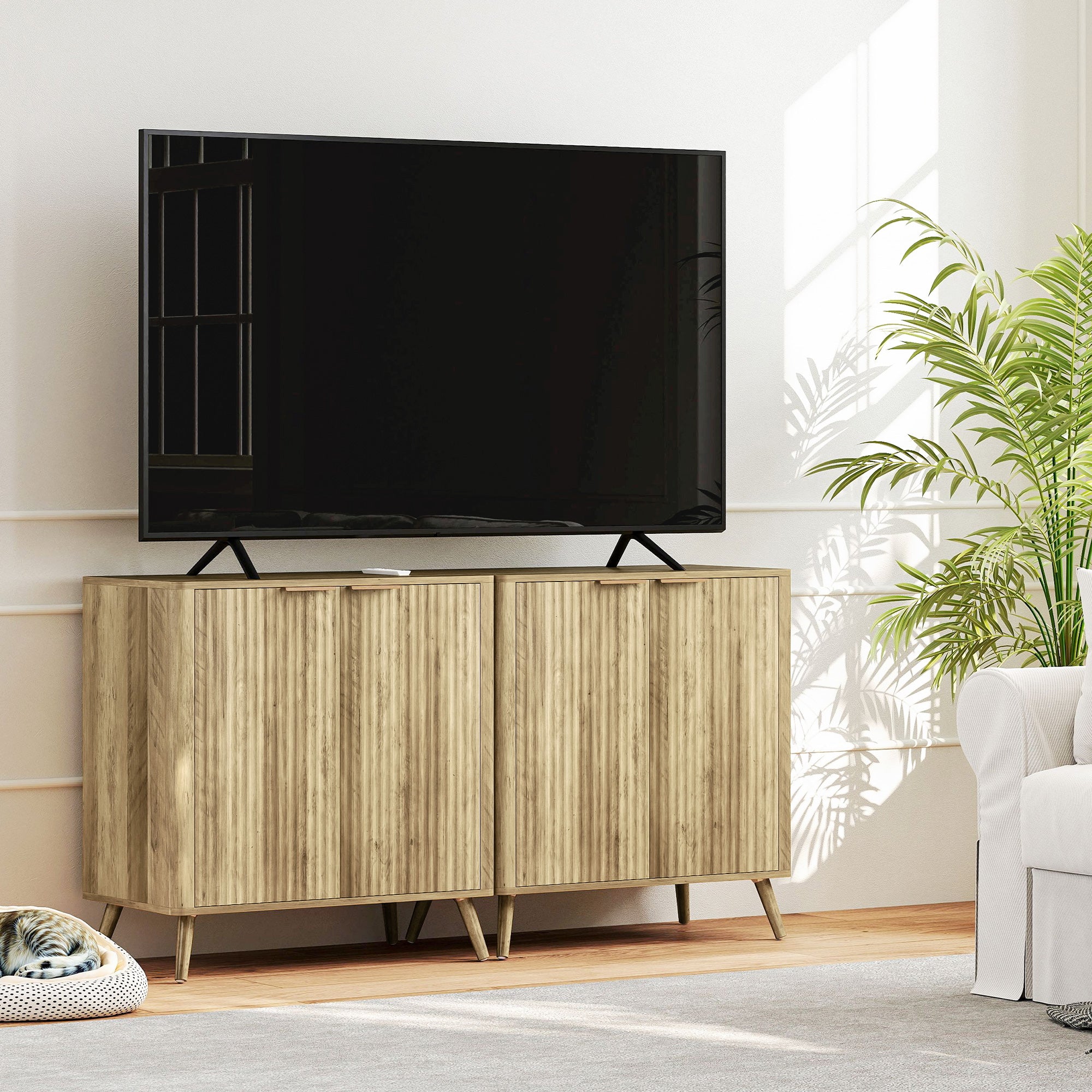 Modern Style Ribbed Buffet Cabinet Storage Sideboard with 2-Door Cabinet and Adjustable Shelf - Dining Room and Living Room Buffet, 77 x 40 x 81 cm, Oak