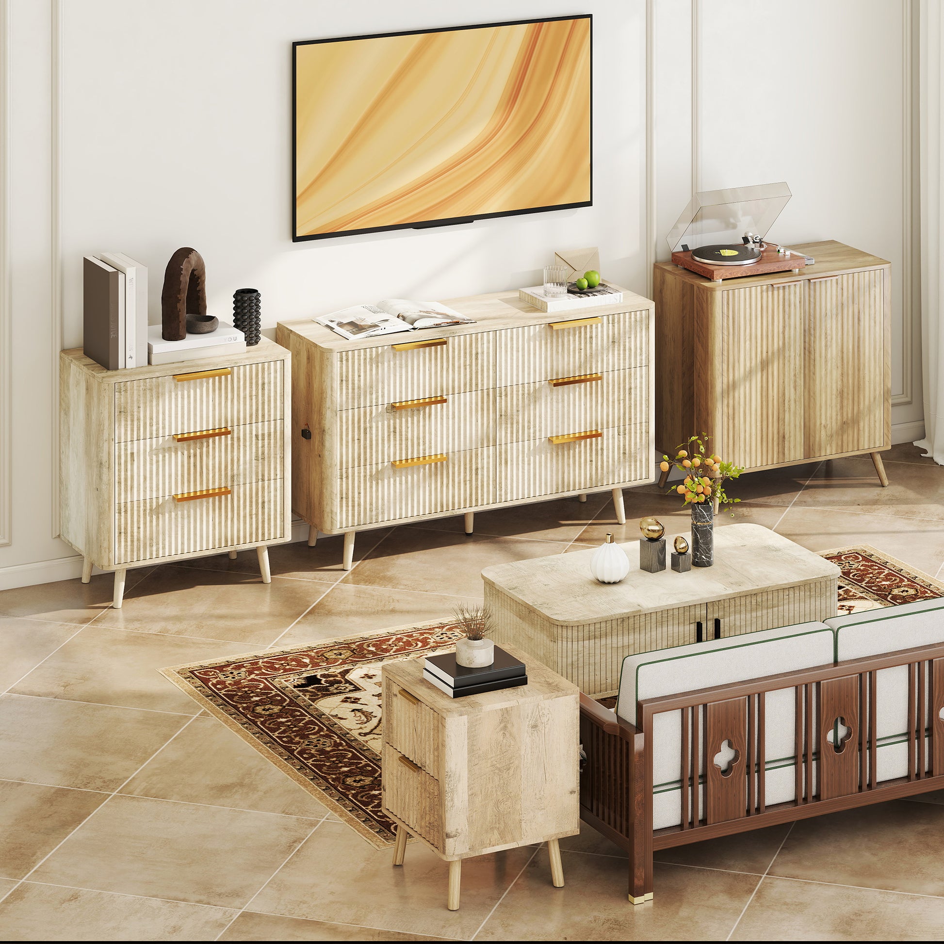 Modern Style Ribbed Buffet Cabinet Storage Sideboard with 2-Door Cabinet and Adjustable Shelf - Dining Room and Living Room Buffet, 77 x 40 x 81 cm, Oak