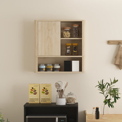 Bathroom Wall Cabinet Hanging Bathroom Cabinet with Adjustable Shelves Sliding Door Compartments and Curved Profile Design 60x20x62 cm Natural