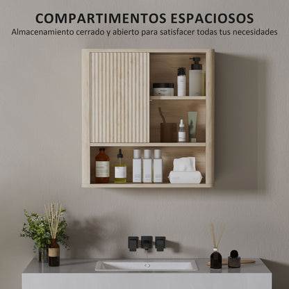 Bathroom Wall Cabinet Hanging Bathroom Cabinet with Adjustable Shelves Sliding Door Compartments and Curved Profile Design 60x20x62 cm Natural