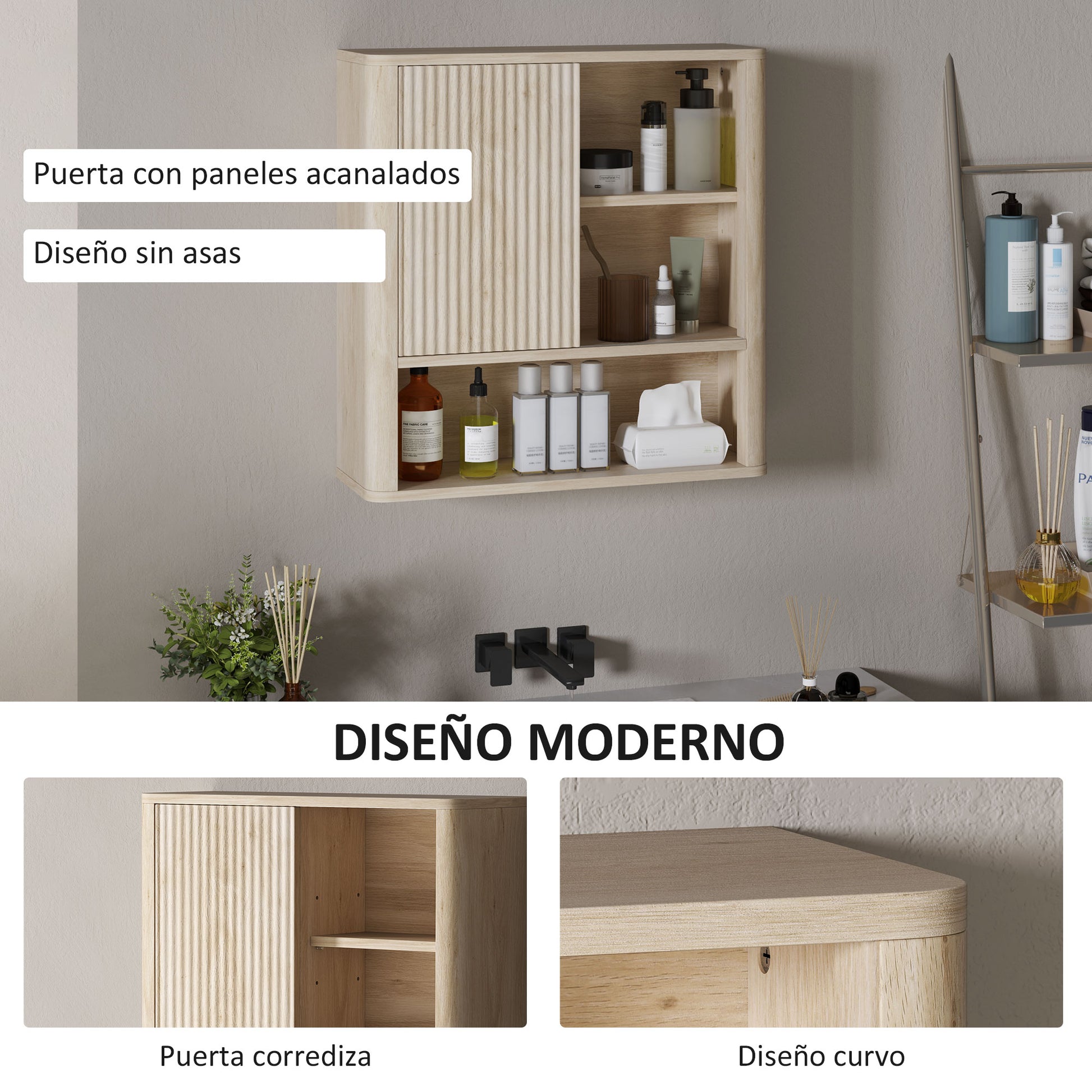 Bathroom Wall Cabinet Hanging Bathroom Cabinet with Adjustable Shelves Sliding Door Compartments and Curved Profile Design 60x20x62 cm Natural