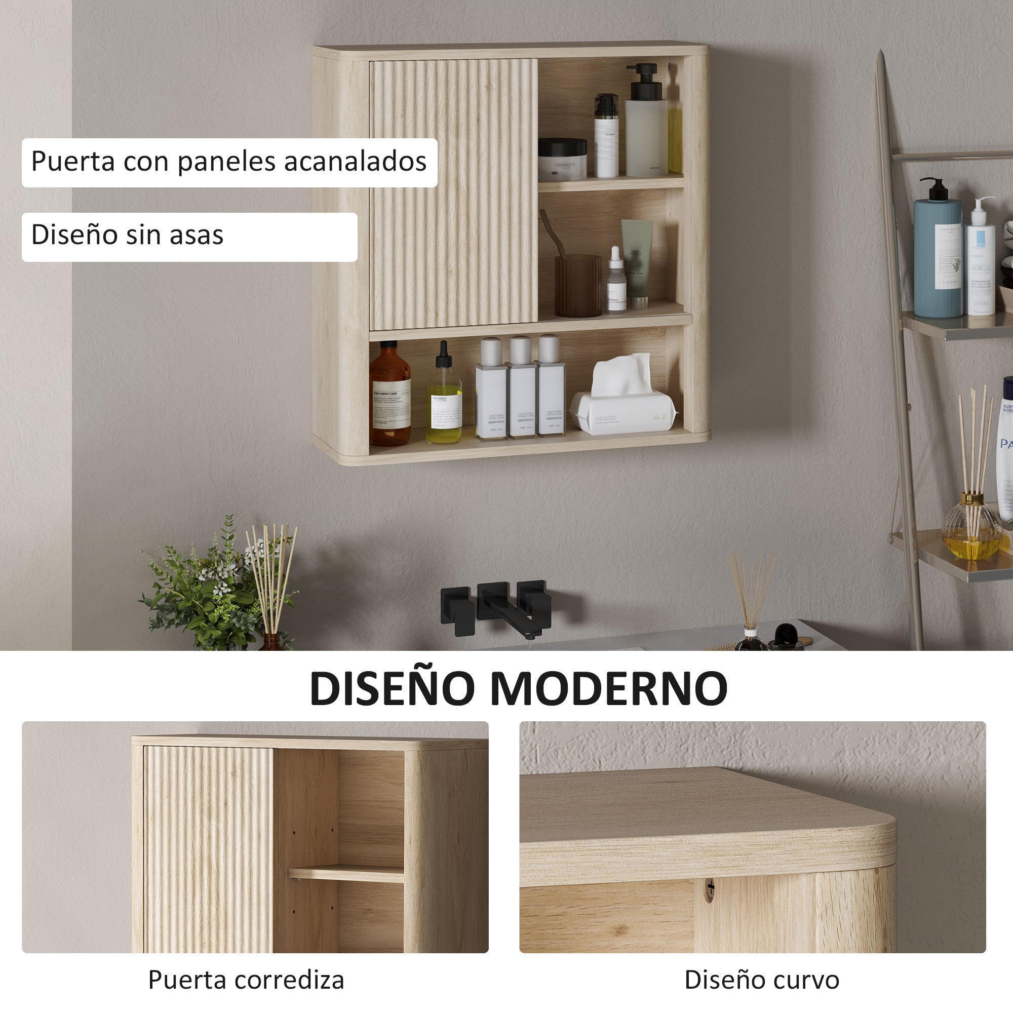 Bathroom Wall Cabinet Hanging Bathroom Cabinet with Adjustable Shelves Sliding Door Compartments and Curved Profile Design 60x20x62 cm Natural