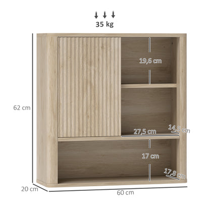 Bathroom Wall Cabinet Hanging Bathroom Cabinet with Adjustable Shelves Sliding Door Compartments and Curved Profile Design 60x20x62 cm Natural