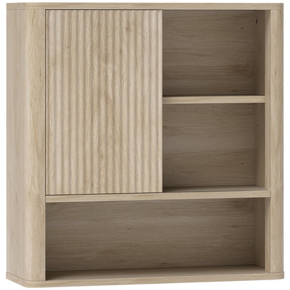 Bathroom Wall Cabinet Hanging Bathroom Cabinet with Adjustable Shelves Sliding Door Compartments and Curved Profile Design 60x20x62 cm Natural
