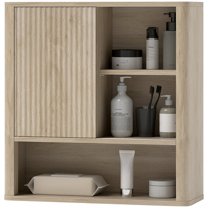 Bathroom Wall Cabinet Hanging Bathroom Cabinet with Adjustable Shelves Sliding Door Compartments and Curved Profile Design 60x20x62 cm Natural