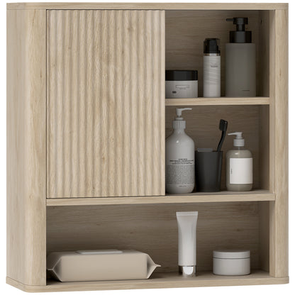 Bathroom Wall Cabinet Hanging Bathroom Cabinet with Adjustable Shelves Sliding Door Compartments and Curved Profile Design 60x20x62 cm Natural
