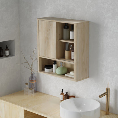 Bathroom Wall Cabinet Hanging Bathroom Cabinet with Adjustable Shelves Sliding Door Compartments and Curved Profile Design 60x20x62 cm Natural