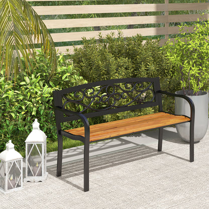 2-Seater Outdoor Garden Bench with Wooden Seat and Steel Frame for Patio Terrace 127x56x80 cm Black and Natural