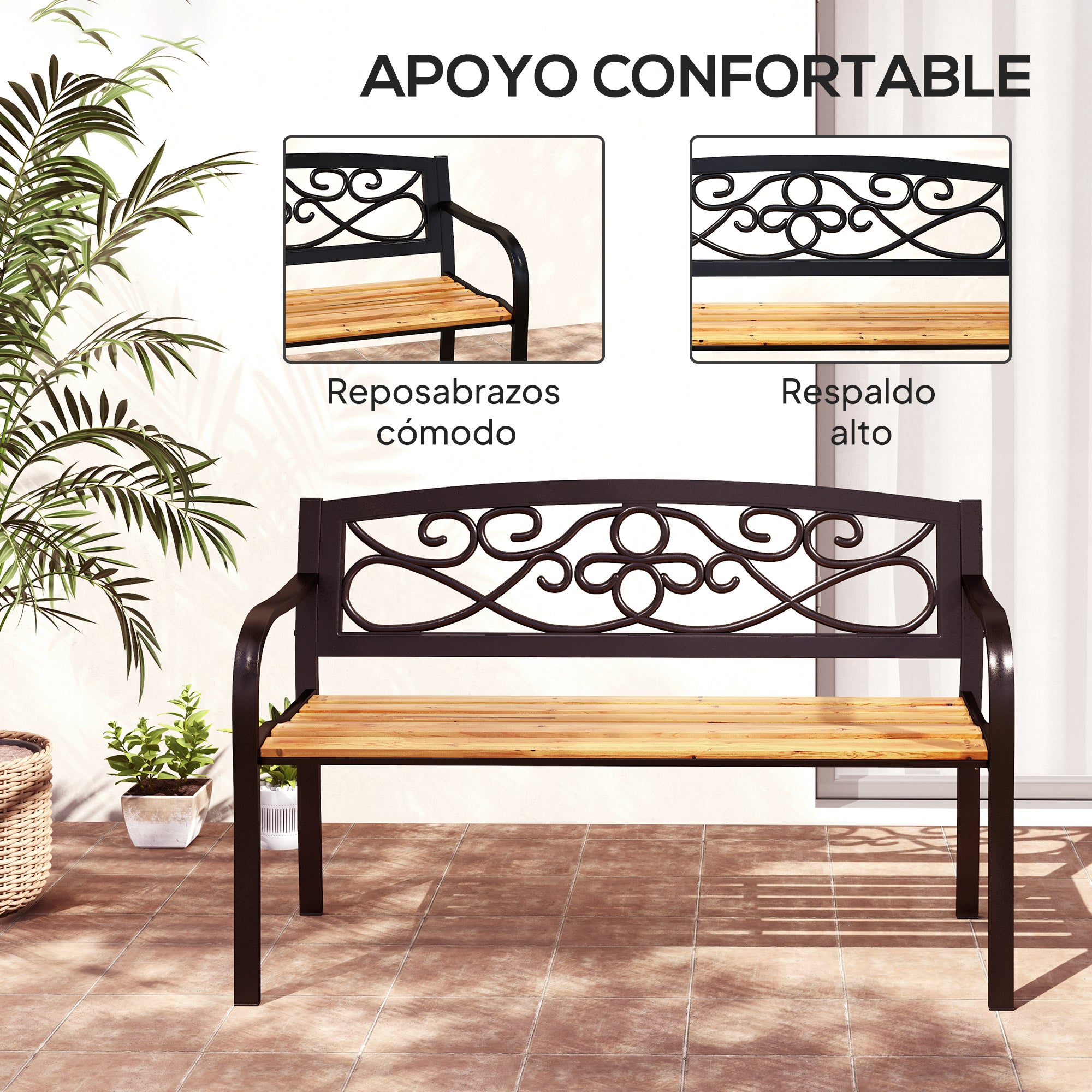 2-Seater Outdoor Garden Bench with Wooden Seat and Steel Frame for Patio Terrace 127x56x80 cm Black and Natural