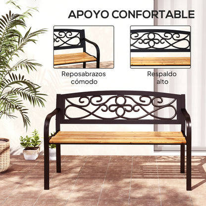 2-Seater Outdoor Garden Bench with Wooden Seat and Steel Frame for Patio Terrace 127x56x80 cm Black and Natural