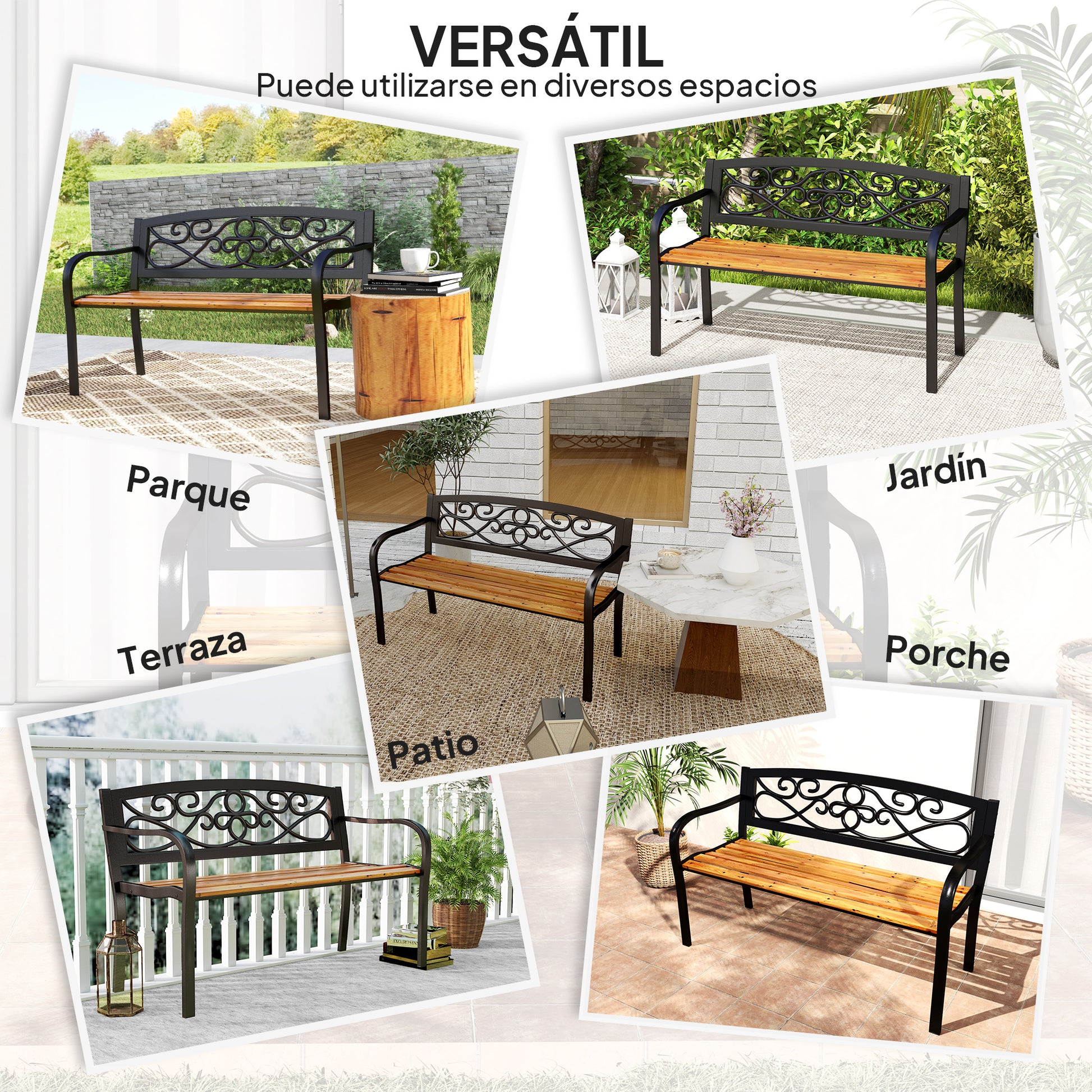 2-Seater Outdoor Garden Bench with Wooden Seat and Steel Frame for Patio Terrace 127x56x80 cm Black and Natural