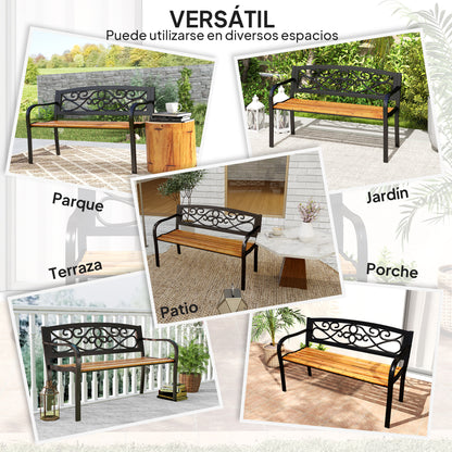 2-Seater Outdoor Garden Bench with Wooden Seat and Steel Frame for Patio Terrace 127x56x80 cm Black and Natural