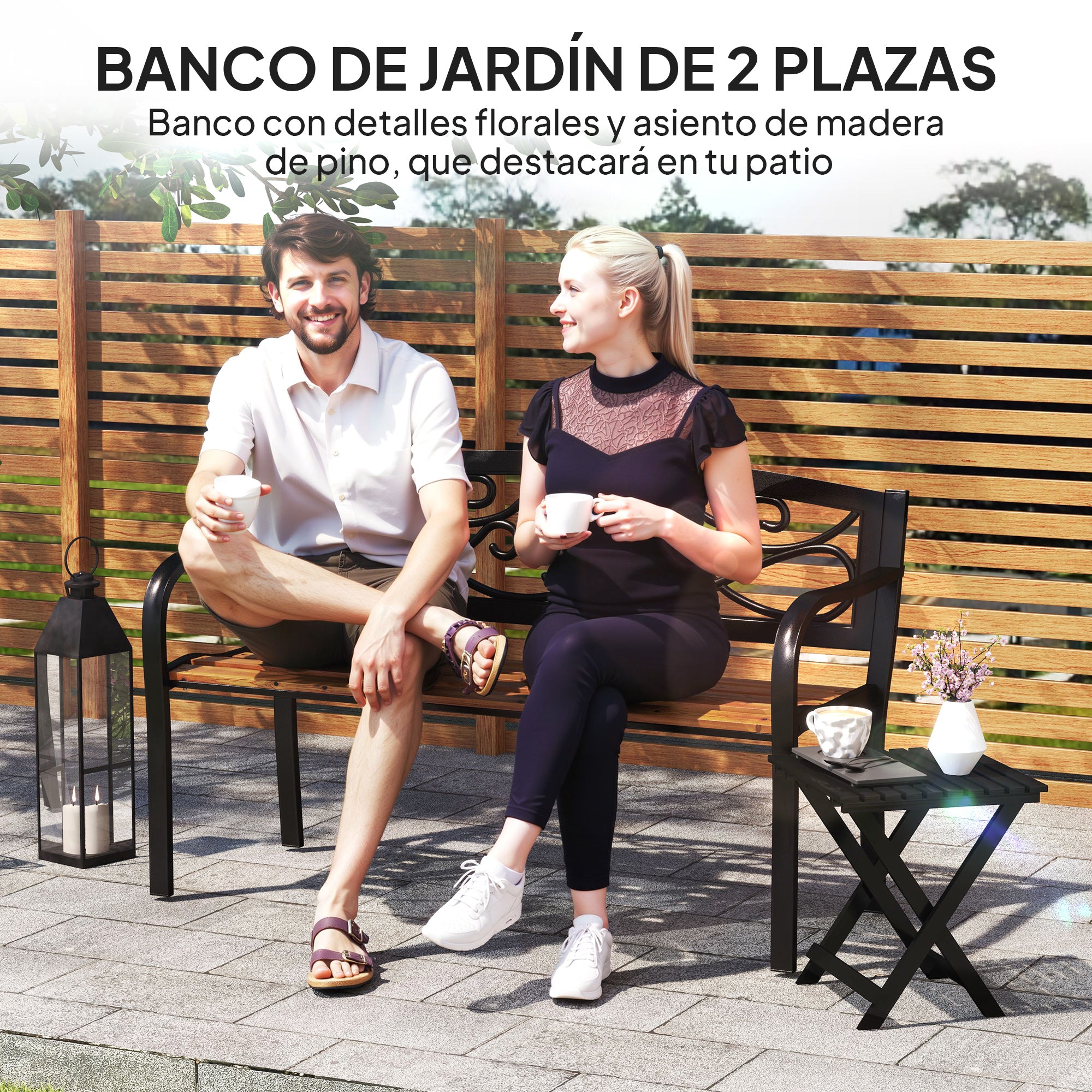 2-Seater Outdoor Garden Bench with Wooden Seat and Steel Frame for Patio Terrace 127x56x80 cm Black and Natural