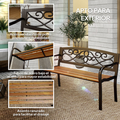 2-Seater Outdoor Garden Bench with Wooden Seat and Steel Frame for Patio Terrace 127x56x80 cm Black and Natural