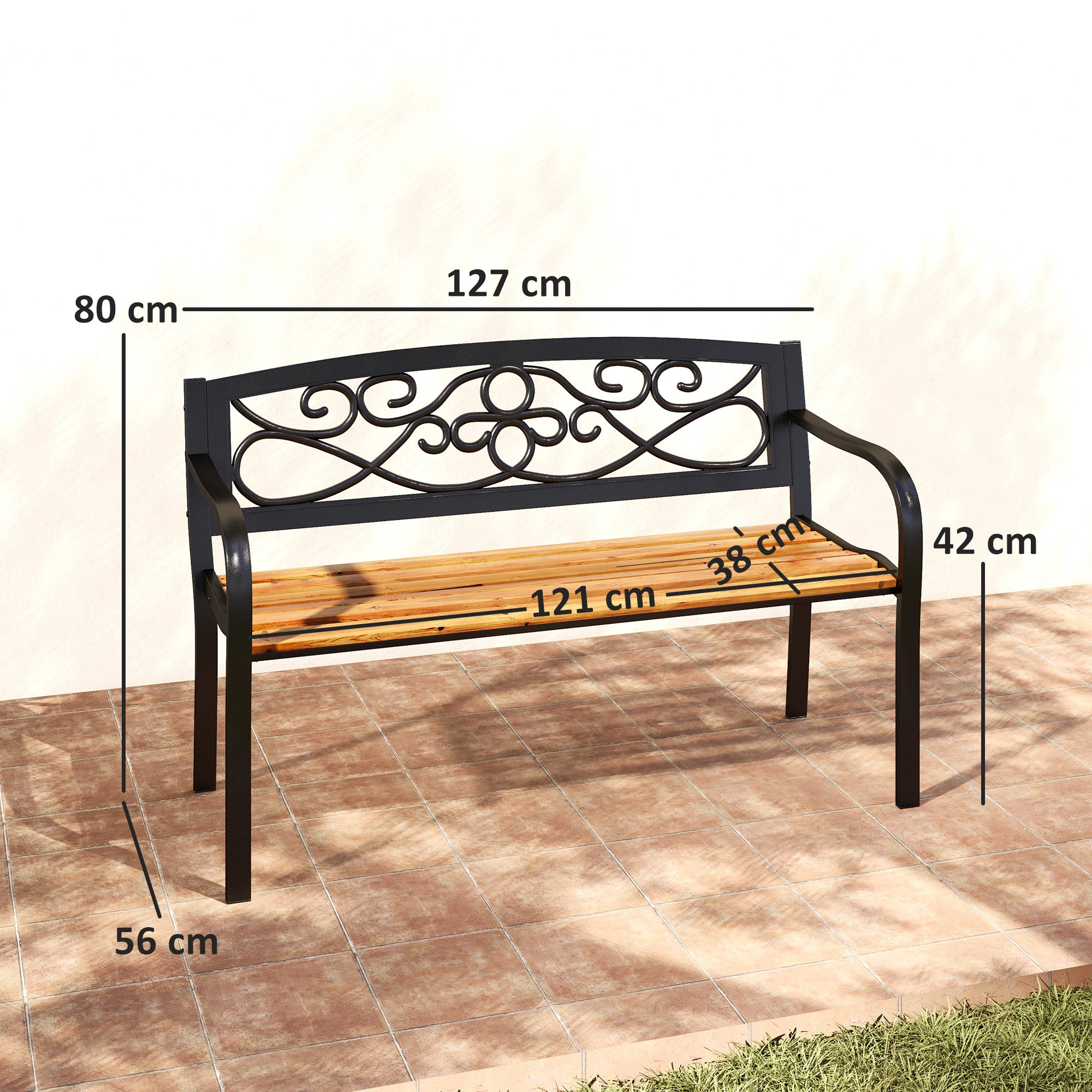 2-Seater Outdoor Garden Bench with Wooden Seat and Steel Frame for Patio Terrace 127x56x80 cm Black and Natural