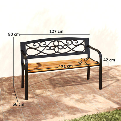 2-Seater Outdoor Garden Bench with Wooden Seat and Steel Frame for Patio Terrace 127x56x80 cm Black and Natural