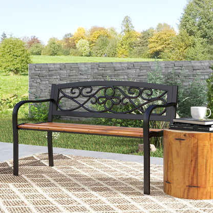 2-Seater Outdoor Garden Bench with Wooden Seat and Steel Frame for Patio Terrace 127x56x80 cm Black and Natural