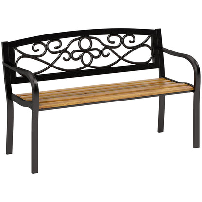 2-Seater Outdoor Garden Bench with Wooden Seat and Steel Frame for Patio Terrace 127x56x80 cm Black and Natural