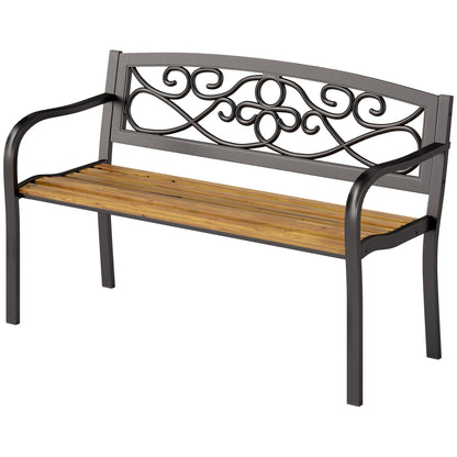 2-Seater Outdoor Garden Bench with Wooden Seat and Steel Frame for Patio Terrace 127x56x80 cm Black and Natural